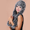 Women Knitted Rex Rabbit Fur Hats Thicker Winter Ear protector Scarf Warm Caps - Black