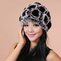 Women Knitted Rex Rabbit Fur Hats Thicker Winter Flower Handmade Warm Caps - Black Brown