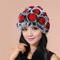 Women Knitted Rex Rabbit Fur Hats Thicker Winter Flower Handmade Warm Caps - Black Red