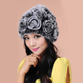 Women Knitted Rex Rabbit Fur Hats Thicker Winter Flower Handmade Warm Caps - Black