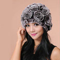 Women Knitted Rex Rabbit Fur Hats Thicker Winter Flower Handmade Warm Caps - Brown