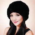 Women Knitted Rex Rabbit Fur Hats Thicker Winter Fur Ball Handmade Warm Caps - Black