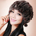 Women Knitted Rex Rabbit Fur Hats Thicker Winter Fur Ball Handmade Warm Caps - Coffee