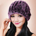 Women Knitted Rex Rabbit Fur Hats Thicker Winter Fur Ball Handmade Warm Caps - Grey Purple