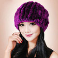 Women Knitted Rex Rabbit Fur Hats Thicker Winter Fur Ball Handmade Warm Caps - Purple