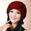 Women Knitted Rex Rabbit Fur Hats Thicker Winter Fur Ball Handmade Warm Caps - Red