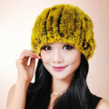Women Knitted Rex Rabbit Fur Hats Thicker Winter Fur Ball Handmade Warm Caps - Yellow