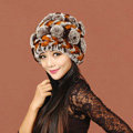 Women Knitted Rex Rabbit Fur Hats Thicker Winter Handmade Flower Warm Caps - Coffee Orange