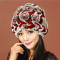 Women Knitted Rex Rabbit Fur Hats Thicker Winter Handmade Flower Warm Caps - Coffee Red