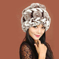 Women Knitted Rex Rabbit Fur Hats Thicker Winter Handmade Flower Warm Caps - Coffee White