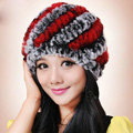 Women Knitted Rex Rabbit Fur Hats Thicker Winter Handmade Thermal Twill Caps - Black Red