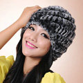 Women Knitted Rex Rabbit Fur Hats Thicker Winter Handmade Thermal Twill Caps - Black
