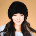Women Knitted Rex Rabbit Fur Hats Thicker Winter Handmade Thermal Twill Caps - Dark Black