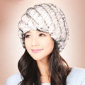 Women Knitted Rex Rabbit Fur Hats Thicker Winter Handmade Thermal Twill Caps - White Black