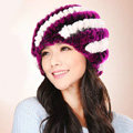 Women Knitted Rex Rabbit Fur Hats Thicker Winter Handmade Thermal Twill Caps - White Purple