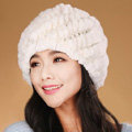 Women Knitted Rex Rabbit Fur Hats Thicker Winter Handmade Thermal Twill Caps - White