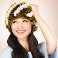 Women Knitted Rex Rabbit Fur Hats Thicker Winter Handmade Thermal Twill Caps - Yellow White