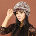 Women Knitted Rex Rabbit Fur Hats Thicker Winter Handmade Warm Peaked Caps - Brown