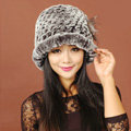 Women Knitted Rex Rabbit Fur Hats Thicker Winter Warm Flower Ear protector Caps - Black