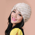 Women Mink hair Fur Hat Winter Thicker Warm Handmade Knitted Twill Caps - Beige