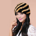 Women Mink hair Fur Hat Winter Thicker Warm Handmade Knitted Twill Caps - Yellow Black