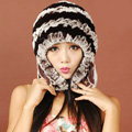 Women Rex Rabbit Fur Hats Knitted Thicker Winter Warm Tassel Ear protector Caps - Black