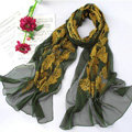 High-end fashion women 100% mulberry silk long embroidery scarf shawl wrap - Green