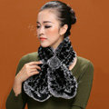 Knitted Rex Rabbit fur scarf women winter warm female Flower wave neck wraps - Grey Black