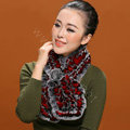 Knitted Rex Rabbit fur scarf women winter warm female Flower wave neck wraps - Grey Red