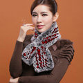 Winter women warm knitted Rex rabbit fur scarf female Flower neck wraps - Grey Red