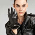 Allfond Women winter waterproof cold-proof warm rex rabbit fur genuine goatskin leather gloves M - Black