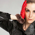 Allfond Women winter waterproof cold-proof warm rex rabbit fur genuine goatskin leather gloves M - Red