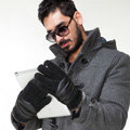 Allfond fashion men winter cold-proof plus velvet warm genuine pigskin clipping leather gloves - Black