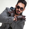 Allfond fashion men winter cold-proof plus velvet warm genuine pigskin clipping leather gloves - Coffee