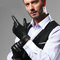 Allfond men business winter waterproof cold-proof warm goatskin genuine leather gloves M - Black