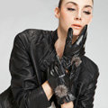 Allfond women ball winter waterproof cold-proof plus velvet warm genuine sheep skin leather gloves - Black