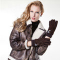 Allfond women winter cold-proof plus velvet warm grid genuine pigskin leather gloves - Coffee