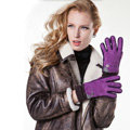 Allfond women winter cold-proof plus velvet warm grid genuine pigskin leather gloves - Purple