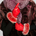 Allfond women winter waterproof cold-proof bow-knot rex rabbit fur genuine goatskin leather gloves L - Red
