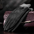 Allfond women winter waterproof cold-proof bow-knot wool genuine goatskin leather gloves L - Black