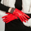 Allfond women winter waterproof cold-proof bow-knot wool genuine goatskin leather gloves M - Red