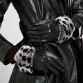 Allfond women winter waterproof cold-proof leopard rex rabbit fur genuine goatskin leather gloves M - Black