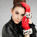 Allfond women winter waterproof cold-proof leopard rex rabbit fur genuine goatskin leather gloves L - Red