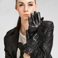Allfond women winter waterproof cold-proof plus velvet warm genuine sheep skin leather gloves - Black