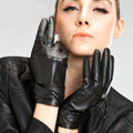 Allfond women winter waterproof cold-proof warm bead genuine goatskin leather gloves M - Black