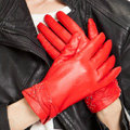 Allfond women winter waterproof cold-proof warm bead genuine goatskin leather gloves M - Red