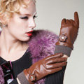 Allfond women winter waterproof cold-proof warm flower wool genuine goatskin leather gloves M - Brown
