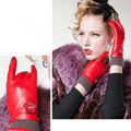 Allfond women winter waterproof cold-proof warm flower wool genuine goatskin leather gloves M - Red