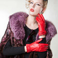 Allfond women winter waterproof cold-proof warm folds genuine goatskin leather gloves M - Red
