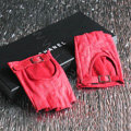 Fashion Women Genuine Leather Sheepskin Half-finger Short Gloves Driving - Red
